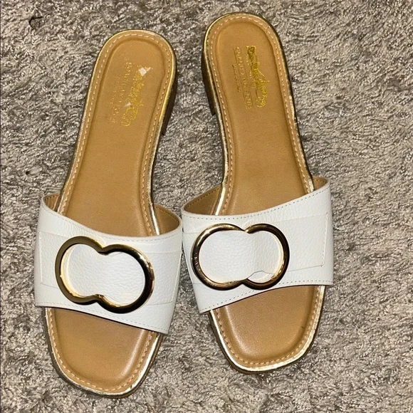 Coach and Four White Slide Sandals with Gold Trim - Picture 3 of 3